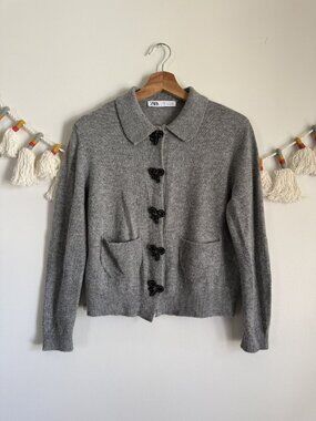Zara Grey Ribbon Jewel Button Shawl Cardigan Coquette Dainty Feminine Preppy S